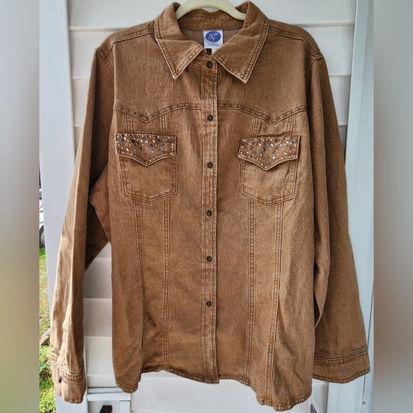 DG2 by Diane Gilman Jackets & Blazers - Denium Shirt Jacket Embellished Tan Kaiki 2X New with Tags